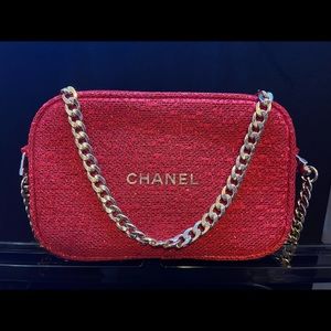 Chanel 2021 RED Holiday bag with gold chain.